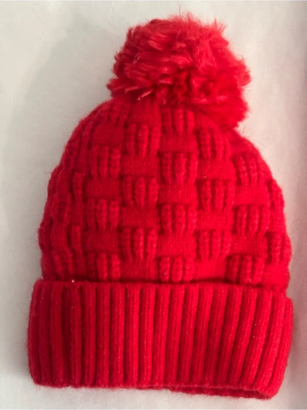 Kids Red Knit Beanie Winter Hat with Teddy Bear and Pom-Pom and Soft Lining